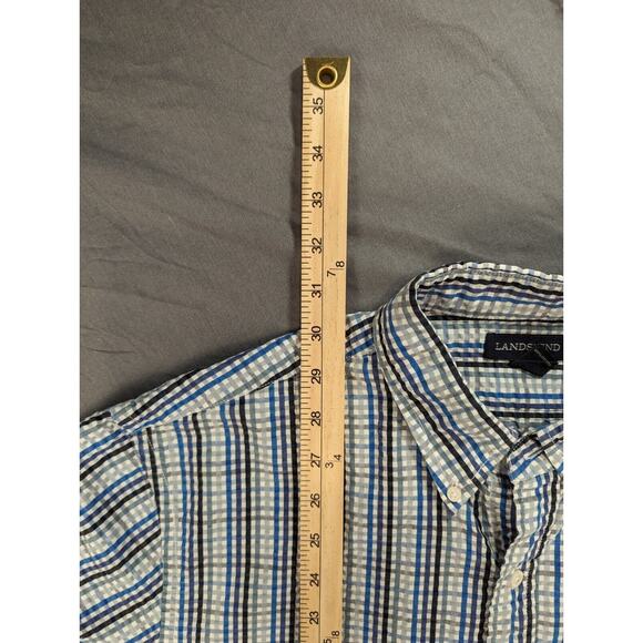 Lands' End Shirt Large Men's Blue Plaid Short Sleeve Button Down Traditional Fit - Picture 6 of 8